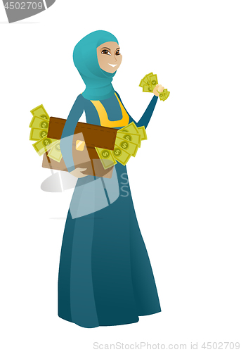 Image of Business woman with briefcase full of money.