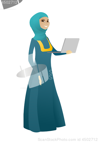 Image of Business woman using laptop vector illustration.