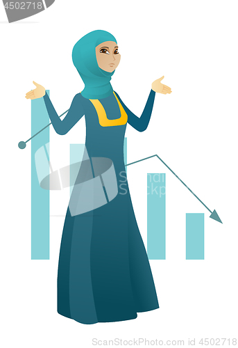 Image of Bancrupt muslim business woman with spread arms.