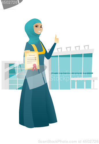 Image of Young muslim business woman holding a certificate.
