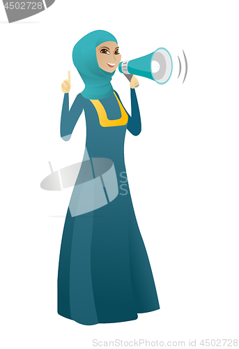 Image of Muslim business woman talking into loudspeaker.