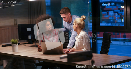 Image of Multiethnic startup business team in night office