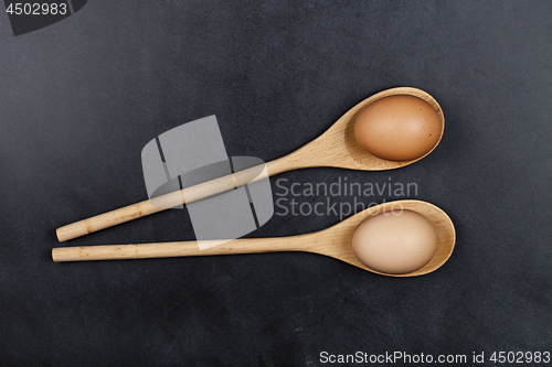 Image of Eggs in wooden spoons.