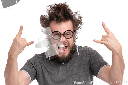 Image of Crazy bearded man emotions and signs