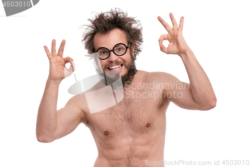 Image of Crazy bearded man emotions and signs