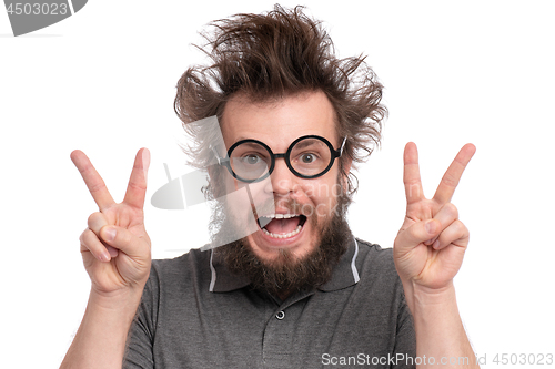 Image of Crazy bearded man emotions and signs