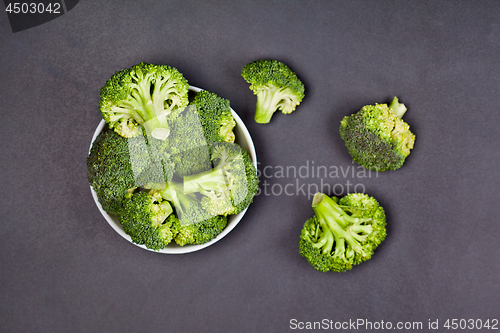 Image of Fresh green organic broccoli in white bowl.
