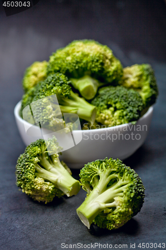 Image of Fresh green organic broccoli in white bowl.