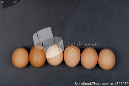 Image of Six fresh organic chicken eggs on blackboard background.