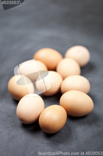 Image of Farm organic chicken eggs on black background.