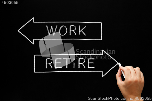 Image of Work Or Retire Decision Arrows Concept