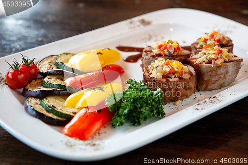 Image of lunch plate with meat rolls