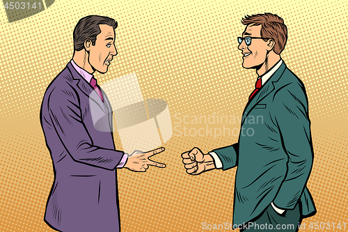 Image of businessmen game rock paper scissors