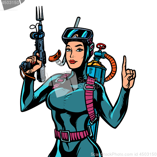 Image of Female diver in wet suit, a gun for underwater fishing