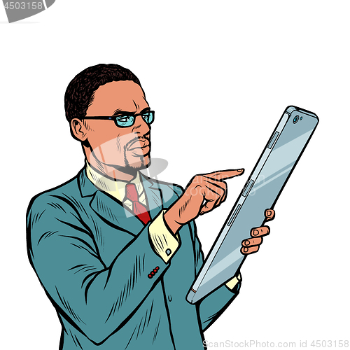 Image of african businessman and smartphone with big screen isolate on white background
