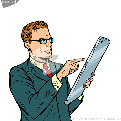 Image of businessman and smartphone with big screen isolate on white background