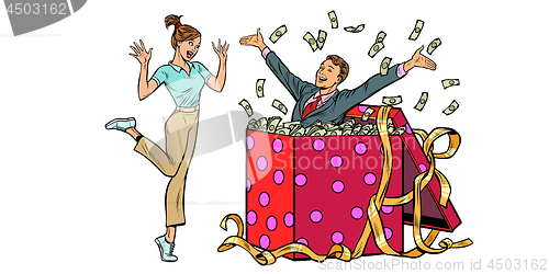 Image of woman happy surprise. man with money gift. isolate on white background