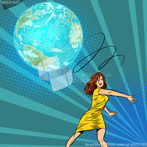 Image of woman throws out planet earth