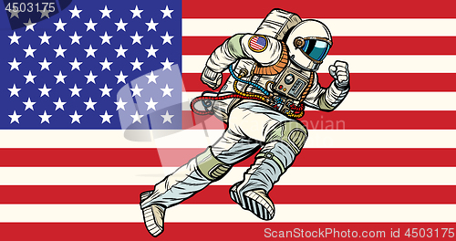 Image of American astronaut patriot runs forward. USA flag