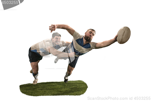 Image of The silhouette of two caucasian rugby man player isolated on white background