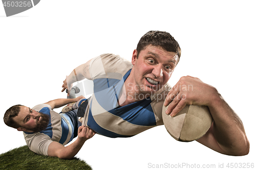 Image of The silhouette of two caucasian rugby man player isolated on white background