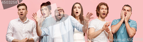 Image of Portrait of the scared women and men on pink