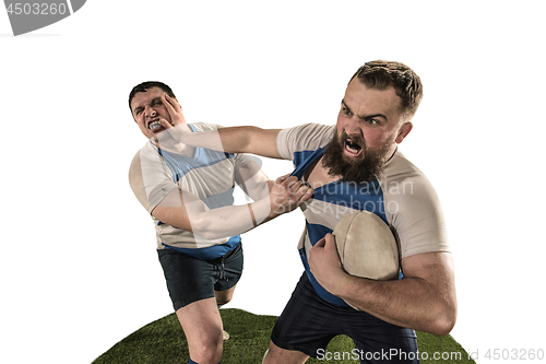 Image of The silhouette of two caucasian rugby man player isolated on white background