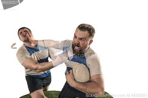 Image of The silhouette of two caucasian rugby man player isolated on white background