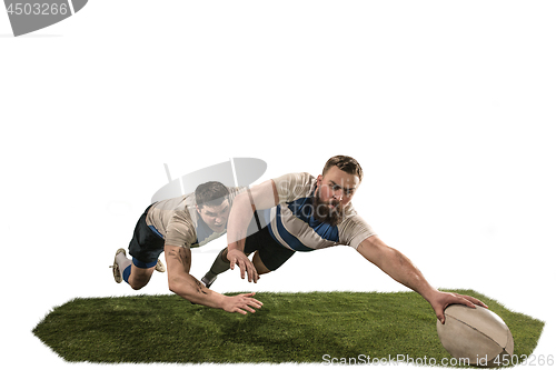 Image of The silhouette of two caucasian rugby man player isolated on white background