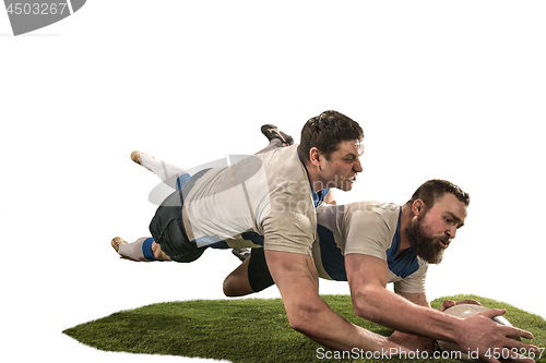 Image of The silhouette of two caucasian rugby man player isolated on white background