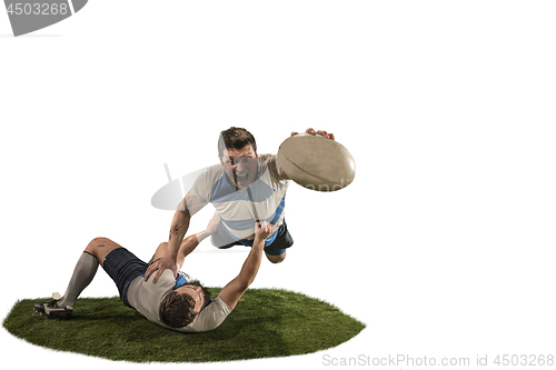 Image of The silhouette of two caucasian rugby man player isolated on white background