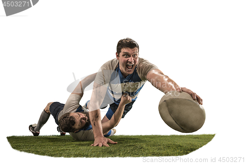 Image of The silhouette of two caucasian rugby man player isolated on white background