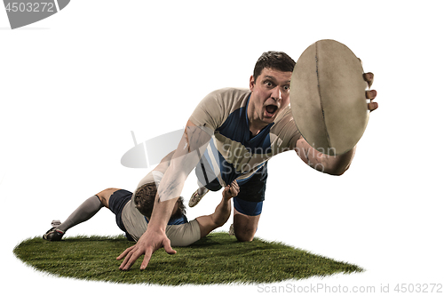 Image of The silhouette of two caucasian rugby man player isolated on white background