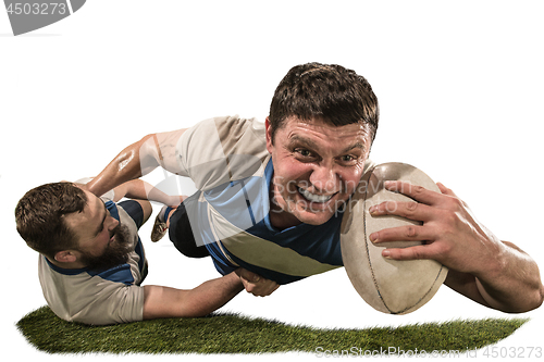 Image of The silhouette of two caucasian rugby man player isolated on white background