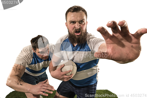 Image of The silhouette of two caucasian rugby man player isolated on white background