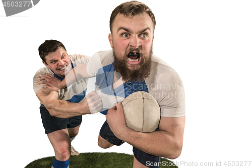 Image of The silhouette of two caucasian rugby man player isolated on white background