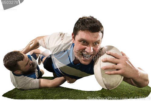 Image of The silhouette of two caucasian rugby man player isolated on white background