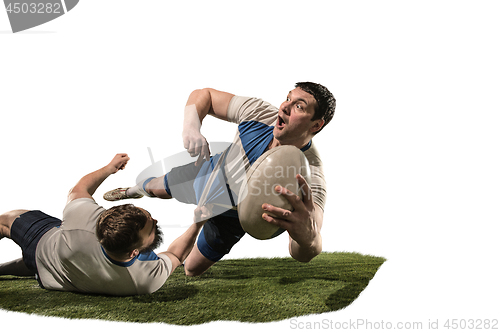 Image of The silhouette of two caucasian rugby man player isolated on white background
