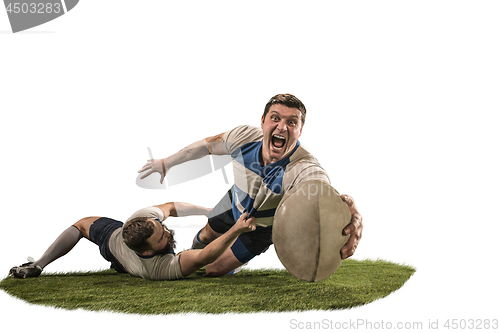 Image of The silhouette of two caucasian rugby man player isolated on white background