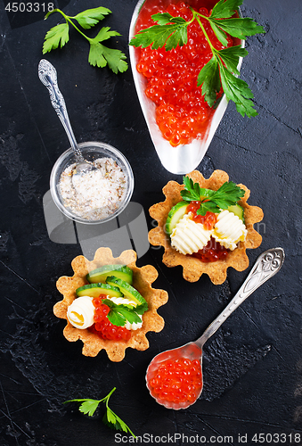 Image of tartalets, butter and salmon caviar