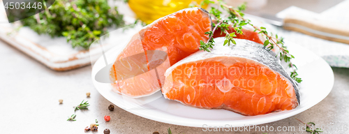 Image of Fresh raw salmon fish steaks on white kitchen background. Banner