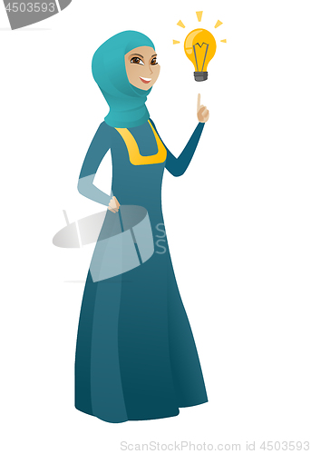 Image of Business woman pointing at business idea bulb.