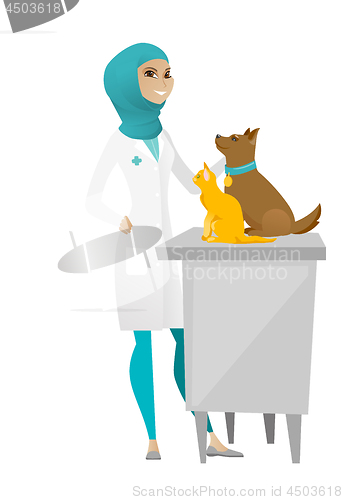 Image of Veterinarian examining pets vector illustration.