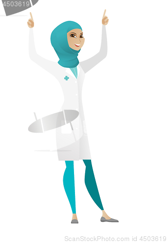 Image of Doctor standing with raised arms up.