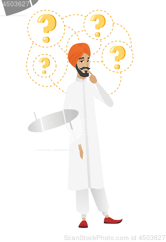 Image of Thinking farmer with question marks.