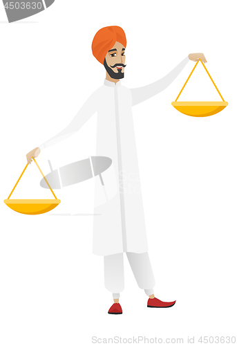 Image of Hindu businessman holding balance scale.