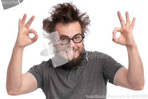 Image of Crazy bearded man emotions and signs