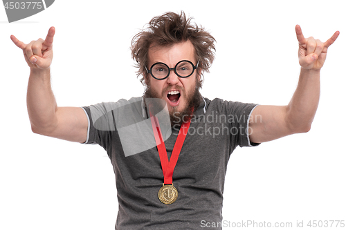 Image of Crazy bearded man with medal