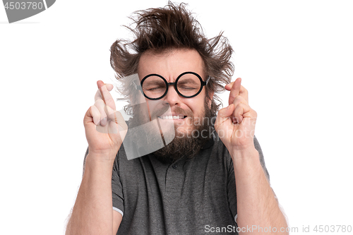 Image of Crazy bearded man emotions and signs