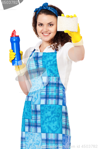 Image of Young housewife on white